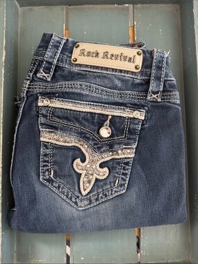 Rock Revival Women's Dark Indigo Embroidered Pocket Easy Bootcut Jeans